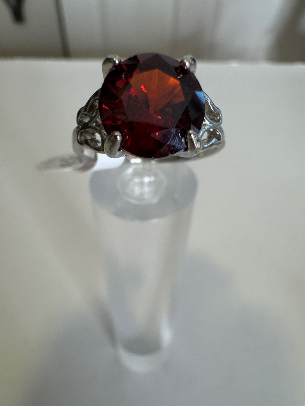 Silver Tone Garnet-Color CZ Solitaire Ring